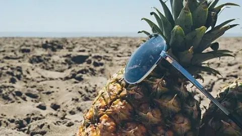 A color photo of a pineapple on the beach wearing sunglasses.