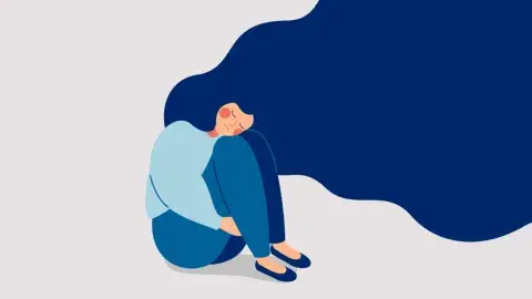 Illustration of a woman sitting on the floor with her knees tucked up towards her chest.
