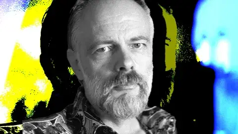 Author Philip K Dick against a surreal background