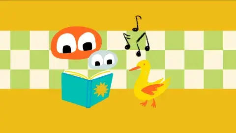 Blue and orange googly eyed figures looking at a book, musical notes and a yellow duck on a green checkered and yellow background