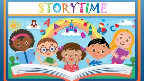 graphic with five children above a big book with a rainbow in the background