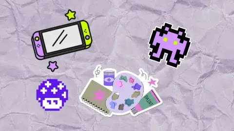 Illustrations of video games and craft supplies.
