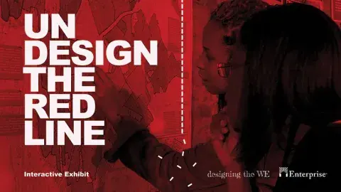 Exhibit postcard that reads "Undesigning the Red Line."
