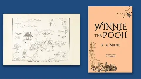 Map of the Hundred Acre Wood drawn by E. H. Shepard to illustrate Winnie-the-Pooh, and original cover of the 1926 edition of the book by A. A. Milne.