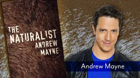 Author Andrew Mayne on the right side, and book cover for The Naturalist on the left side.