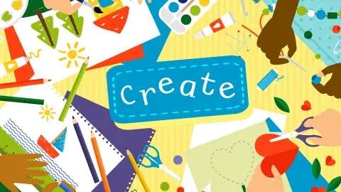 Word "Create" in the center. A top view table with hands cutting paper, painting, sketching and creating.