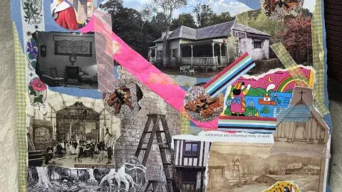 A colorful mixed media collage created by staff.