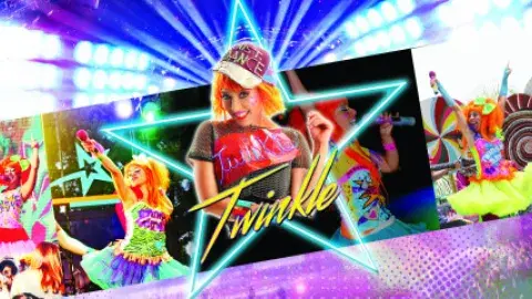 woman in different positions on stage with the word twinkle in the middle