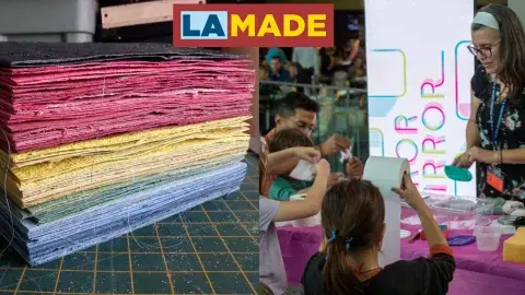 stack of handmade paper and children making paper