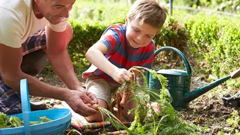 An adult and child gardening 