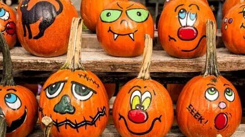 A variety of pumpkins with faces drawn on them. 