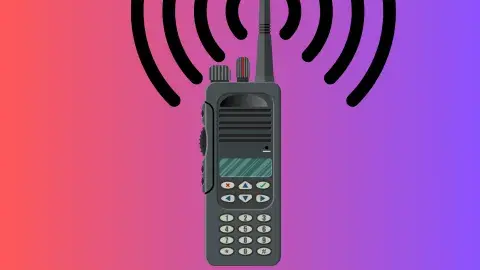 Red and purple gradient background with an image of a HAM radio in the center. Curved lines resembling radio waves center around the radio's antenna.