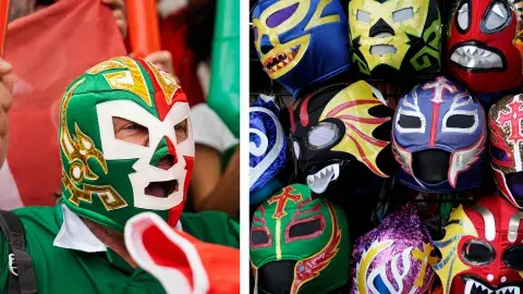 Two pictures - one of a person wearing a lucha libre mask and another of masks hanging on a display