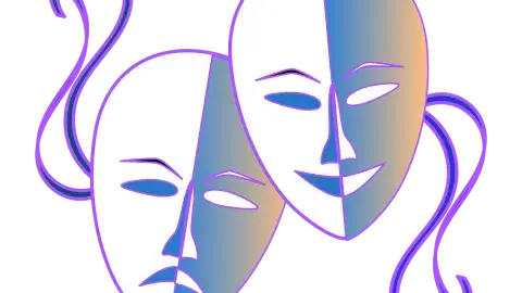 purple and green comedy and tragedy masks 
