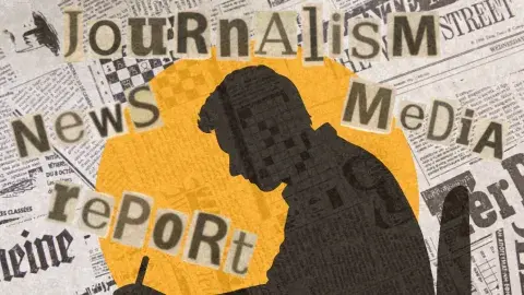 Scrapbook style image of the words journalism, news, media, and reporting.