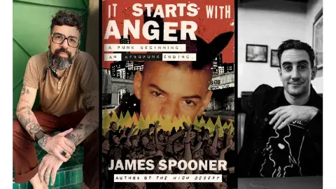 Authors James Spooner and Dan Ozzi seated with the book "It Starts With Anger" between them.