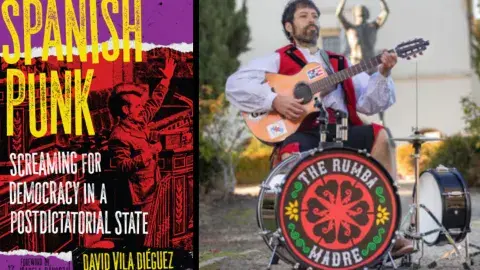 "Spanish Punk" book cover and the author, playing guitar and seated behind a single kick drum.