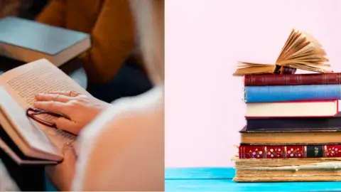 A person reading a book and a stack of books