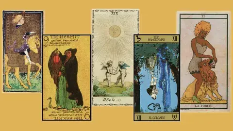 5 tarot cards on a golden background.