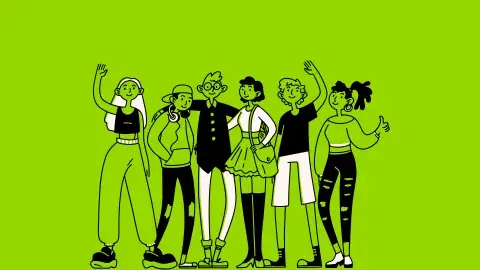 illustration of a group of teens waving 