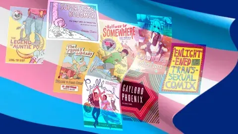 Select transgender books in front of a fluttering flag