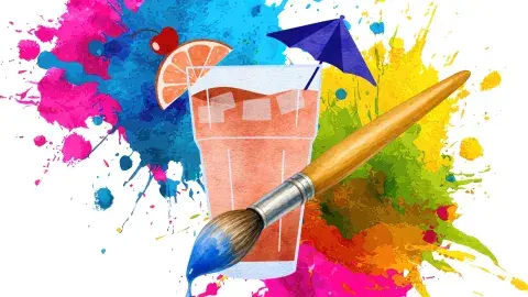 colorful paint splatter with drink cup and paint brush