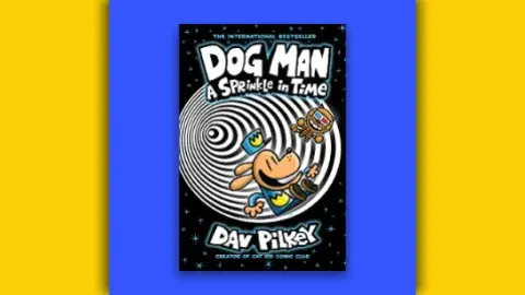 Cover image of the book Dog Man: a Sprinkle in Time by Dav Pilkey on a colorful background.