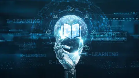 robotic hand holding out a sphere with an open book inside of it. Contains blue background with code running across it. 