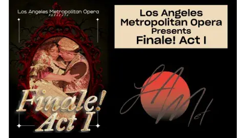 A dramatically lit photograph of two opera leads are shown with the text "Finale! Act 1" superimposed.  