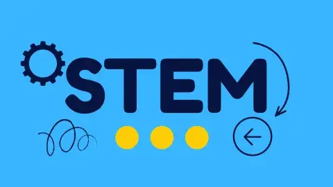 The word STEM in black on a blue background with a gear, arrows, and yellow dots.
