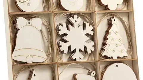 9 Christmas themed blank wooden cutouts. 