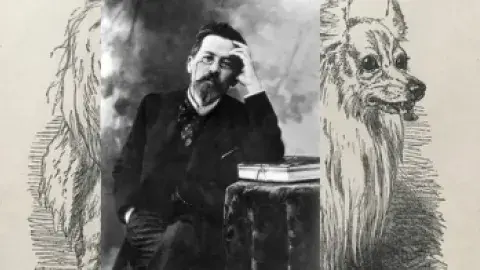 Anton Chekhov in front of an etching of a Pomeranian dog.