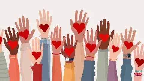 Caring hands are raised in support of community.  