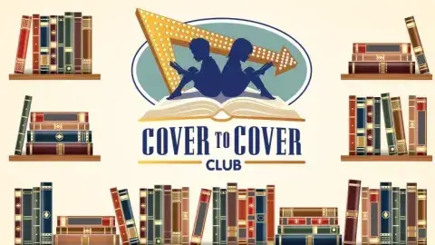 Cover to Cover Club logo featuring silhouettes of two children reading on an open book, framed by shelves of books.
