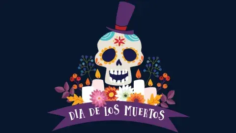 Dia de Los Muertos illustration shows sugar skull with hat, ribbon banner, candles and flowers