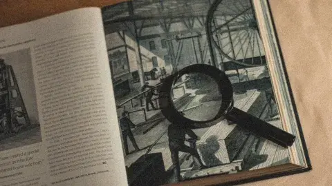 A book with a mysterious-looking black and white illustration and a magnifying glass on top of it