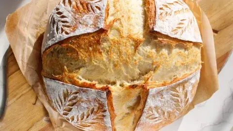 Overhead view of a loaf of sourdough bread