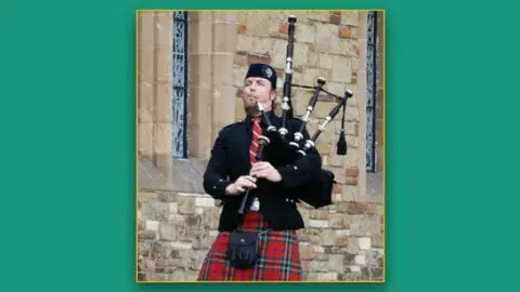John McLean Allan playing the Scotland bagpipes dressed in his clan's tartans.