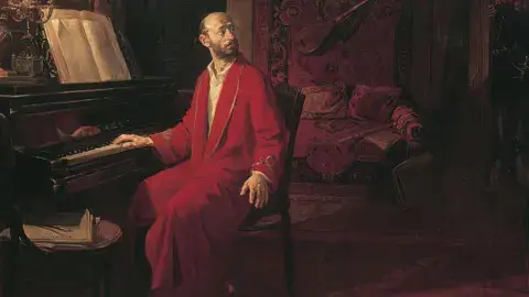 A painting of celebrated Armenian composer, Komitas, sitting by a piano. Painting by Sargis Muradyan