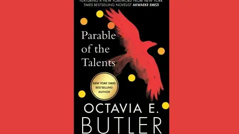 Book cover of Parable of the Talents with red bird on a red background