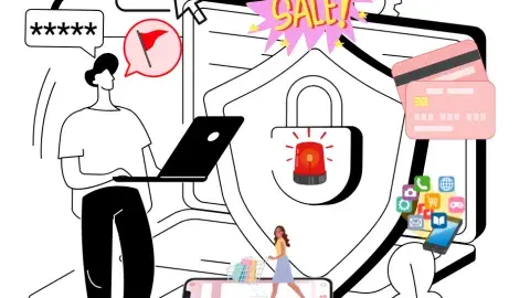 Adult shopper surrounded by online shopping graphics 