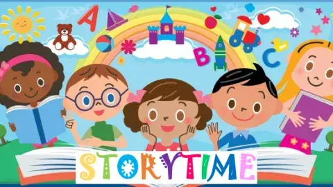 graphic with five children below a rainbow with letters