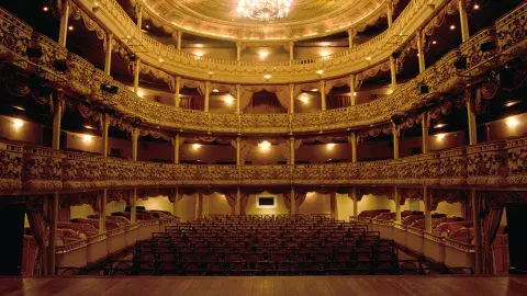 A photo of an empty opera house taken from the point of view of the stage. 