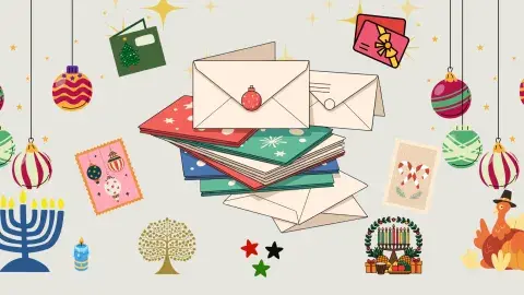 Holiday cards surrounded by holiday graphics 