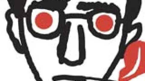line drawing of a man with glasses and smoking a cigarette in black and red