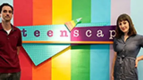 a man and a woman editor in front of the teenscape sign